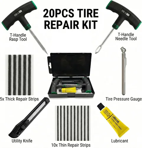 Miniatura 2 de Kit de reparación de neumáticos de 20 piezas – El kit de enchufe de neumático plano incluye herramientas ergonómicas de mango en T con agarre