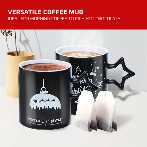 Miniatura 6 de Bruntmor Tazas de café negras con mango de estrella, juego de 6 tazas grandes de 14 onzas para vacaciones de Año Nuevo, tazas decorativas