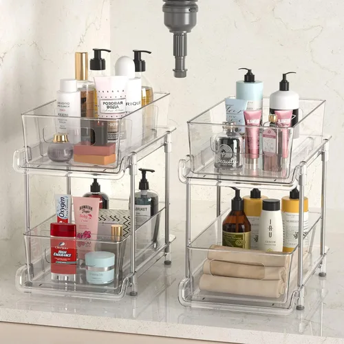 Miniatura 8 de HIHEGD Organizador de Almacenamiento de Baño de 2 Niveles con Separadores, Transparente, Extraíble Debajo del Fregadero para Cocina, Despensa