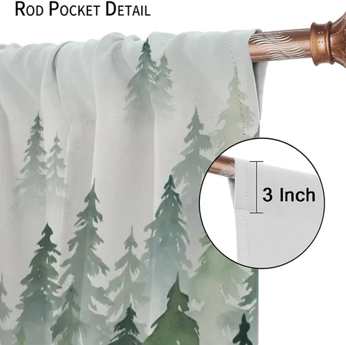 Miniatura 5 de Cortina de árbol de bosque verde, pino, coníferas, bosque, acuarela, oscurecimiento de habitación, ventana, bolsillo para barra, cortina