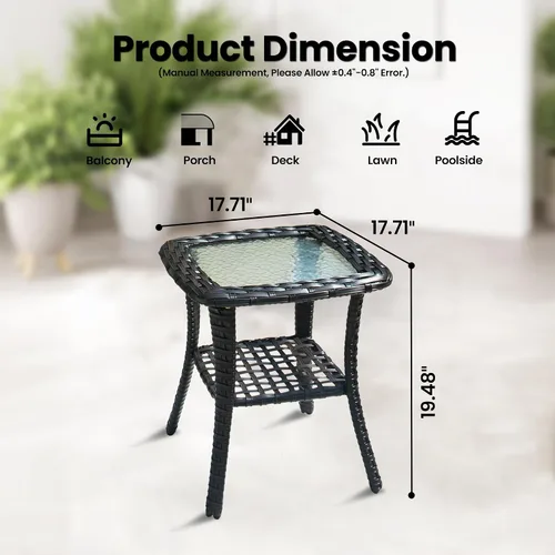 Miniatura 3 de ovios Mesa auxiliar al aire libre con parte superior de vidrio templado, mesas de centro de mimbre para patio con 2 niveles de almacenamiento