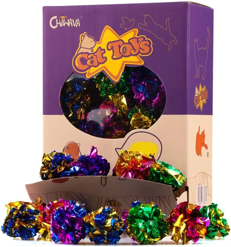 Miniatura 10 de CHIWAVA 24 bolas de Mylar de 1.6 pulgadas brillantes y arrugadas para gatos, pelota de gatito agrietado, juego ligero, colores surtidos