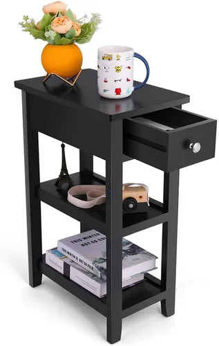 Miniatura 5 de SEJOV Mesa auxiliar estrecha, pequeña mesa auxiliar blanca con cajón y estante de almacenamiento, mesita de noche de madera para sala de estar