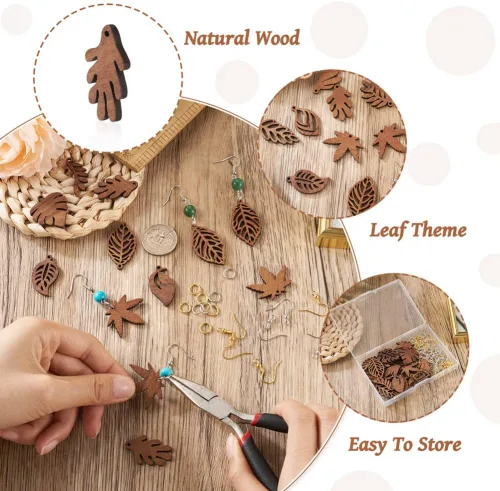 Miniatura 4 de Mega Pet Kit de fabricación de aretes colgantes de madera, 24 dijes de madera natural con 60 ganchos de latón para aretes, 60 anillos de latón