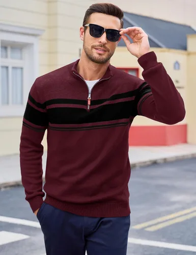 Miniatura 4 de MAGCOMSEN Suéteres de algodón con cremallera de 1/4 para hombre, suéter tipo polo, a rayas, para otoño e invierno, sudaderas cálidas