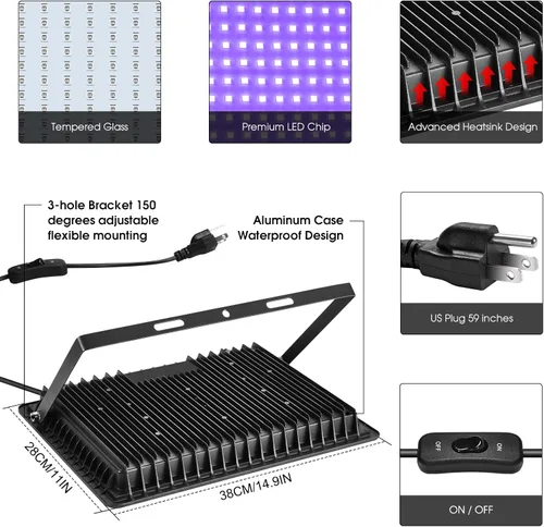 Miniatura 3 de YANYCN Paquete de 4 luces LED negras de 200 W, luces de inundación de luz negra para exteriores con enchufe e interruptor, clasificación IP66