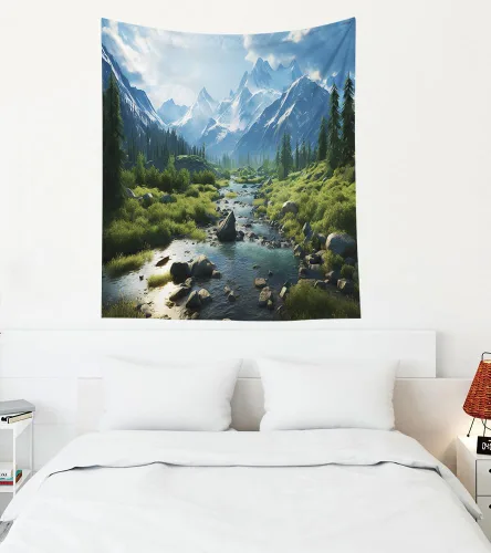 Miniatura 18 de EMMTEEY Tapiz de pared con bosque - Árbol de pino verde y niebla, arte de pared natural, 80x60 pulgadas, tapiz grande de estilo bohemio para sala