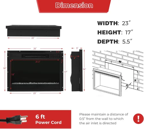 Miniatura 6 de Tangkula - Inserto eléctrico de chimenea de cuarzo infrarrojo de 23 pulgadas con control remoto, calentador de chimenea empotrado de 1500 W