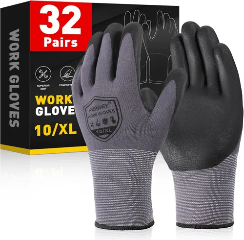 Miniatura 9 de FURWEY Safety Work Gloves-16/32Pairs, Micro Foam Nitrile Coated Glove,Seamless Knit Nylon Gloves for Men Women（S-XL Negro gris-16 pares