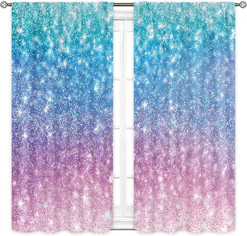 Cortinas Femeninas Azul Púrpura Verde Azulado 42W x 45L Pulgadas Bolsillo para Varilla Sin Purpurina Colorido Punto Rosa Decoración Dormitorio Niñas