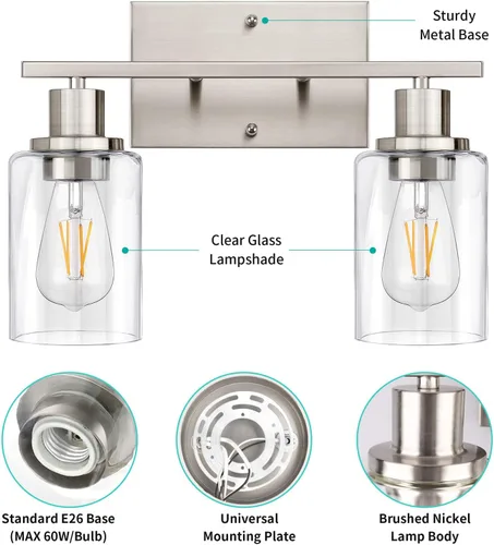 Miniatura 7 de ShineTech Lámparas de baño de 2 luces, modernas luces de tocador con pantalla de vidrio transparente, luz de tocador de baño de níquel cepillado
