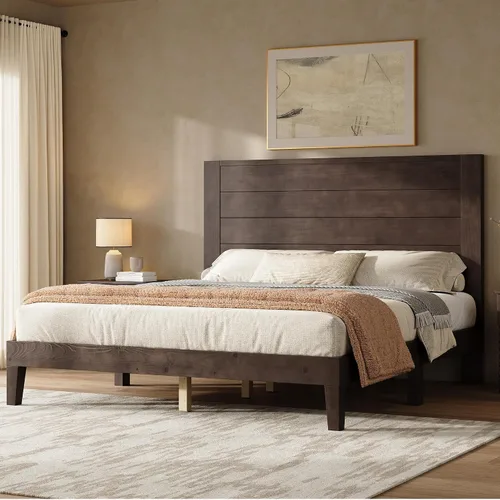Miniatura 3 de AMERLIFE Base de cama tamaño Queen con cabecera de 48 pulgadas de alto, cama de plataforma de madera maciza moderna de mediados de siglo con sistema