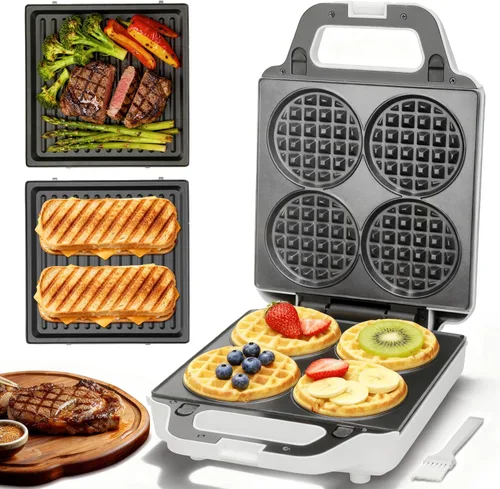 SugarWhisk Mini Waflera 2 en 1 con Placas Extraíbles, Prensa Panini para Sándwiches, Prensa para Sándwiches, Waflera Eléctrica, Sandwichera