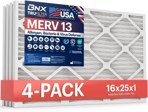 BNX TruFilter filtro de aire de 16 x 25 x 1, MERV 13 (paquete de 4) - HECHO EN EE. UU. - Filtros plisados electrostáticos para aire acondicionado