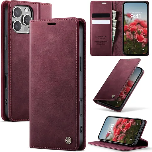 Miniatura 43 de Funda tipo cartera para iPhone 13 de piel tipo cartera con tarjetero y función atril, cierre magnético, bloqueo RFID, TPU a prueba de golpes