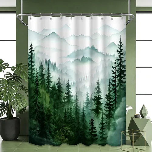 Miniatura 22 de Cortina de ducha azul marino de bosque Cortina de ducha azul oscuro de montaña y naturaleza para decoración de baño de hombres, tela impermeable