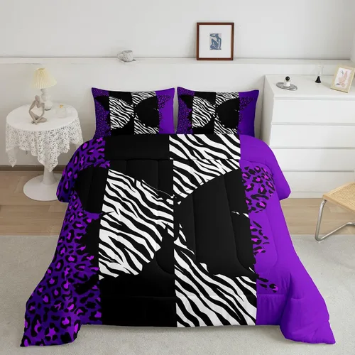 Miniatura 27 de Juego de edredón Manfei Leopardo Rosa Tamaño Individual, Juego de ropa de cama con estampado de cebra negro y blanco 2 piezas para decoración