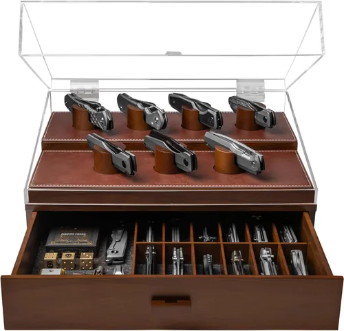 Miniatura 9 de Vitrina de cuchillos de bolsillo premium para 10 cuchillos, organizador de cuchillos de madera, almacenamiento y soporte con pilares únicos