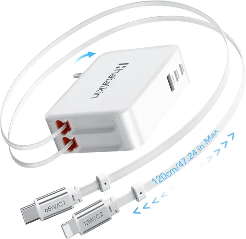 Miniatura 12 de Cargador de 65 W para MacBook Pro, enchufe de cargador de pared retráctil 5 en 1 para iPhone 17, cable USB C PD dual de 3.94 pies y 3 puertos