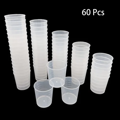 Miniatura 6 de 60 vasos graduados de plástico, 1.0 fl oz/1 onza, escamas transparentes y vasos de mezcla de epoxi, paquete de 50 varillas de madera para remover