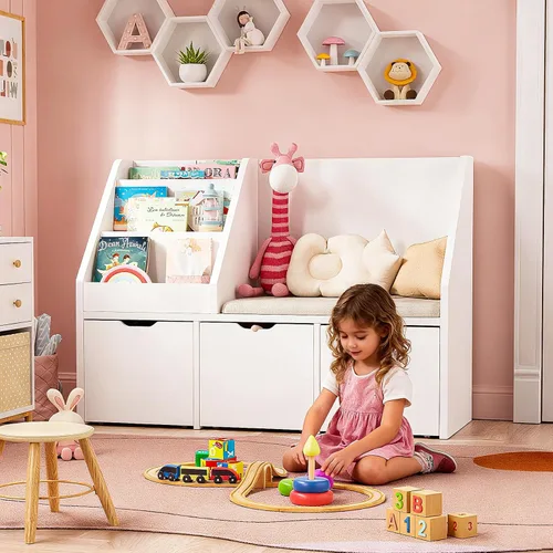 Miniatura 8 de Rincón de lectura para niños de 40 pulgadas con banco, organizador de almacenamiento de juguetes y estantería con cojín de asiento, estantería