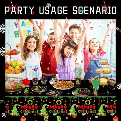 Miniatura 6 de Juego de vajilla de fiesta de Navidad, sirve 25 suministros de fiesta navideña, platos desechables, mantel, vasos, tenedores, cucharas, cuchillo