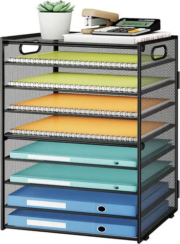 SUBEKYU Organizador de papel de 9 niveles para escritorio, bandeja de cartas de malla de metal negro, organizador clasificador de papel de archivo,