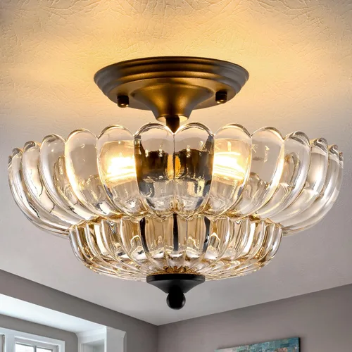 Miniatura 9 de Lámpara de techo moderna semiempotrada, 3 luces doradas para cerca del techo con pantalla de vidrio verde para sala de estar, entrada, dormitorio