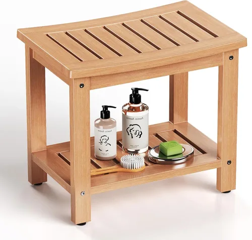 Psilvam Banco de ducha impermeable de madera de polietileno de 21 pulgadas con estante de almacenamiento, taburete de ducha de madera sintética Teca