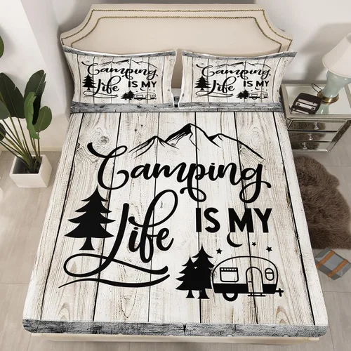 Manfei Happy Camping - Sábana bajera ajustable tamaño individual, funda de cama de caravana con 1 funda de almohada, juego de ropa de cama de madera