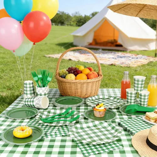 Miniatura 7 de Suministros de fiesta de cuadros verdes, incluyen platos de papel festoneado desechables de 9 y 7 pulgadas, servilletas, vasos, tenedores, manteles