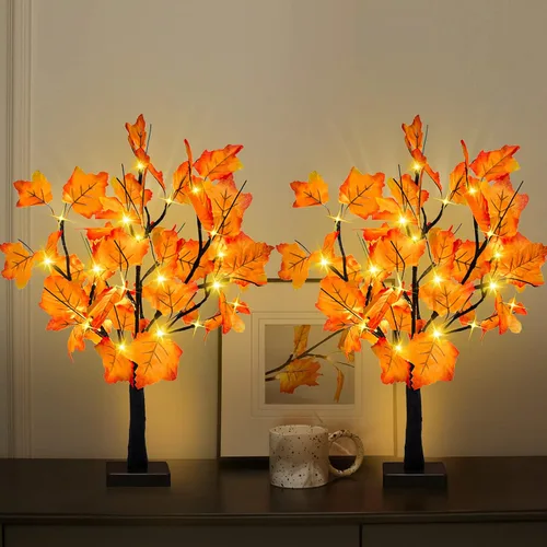 Miniatura 10 de S-Union Árbol de arce iluminado por LED de 24 pulgadas con 6 bellotas para decoraciones de Acción de Gracias Árbol de arce de 24 LED y 6 bellotas