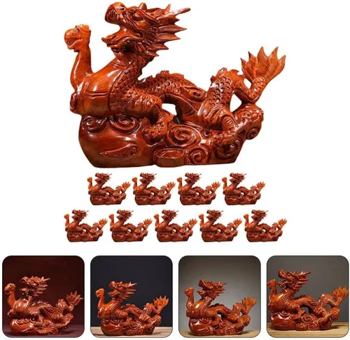 Miniatura 5 de Veemoon Estatua de madera de dragón chino Fengshui, 3.9 in, mini rojo 2024 Año del Dragón, escultura tallada a mano para decoración de estantes