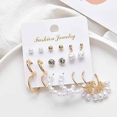 Miniatura 7 de Juego de 56 pares de aretes para mujer, aretes de aro de perla, varios aretes de tuerca, joyería simple y linda
