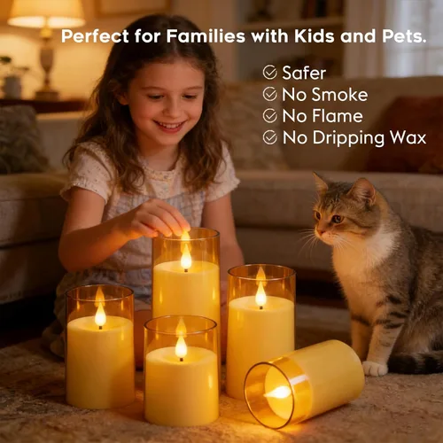 Miniatura 4 de Fo32won Velas LED ámbar sin llama que funcionan con pilas con temporizador remoto, paquete de 5 velas acrílicas parpadeantes 3D para el hogar, sala