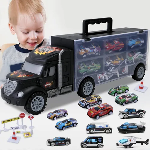 Juguetes para niños de 3 a 4 años, juego de transporte de camiones grandes con 12 vehículos fundidos a presión, camiones, juguetes, autos, regalos