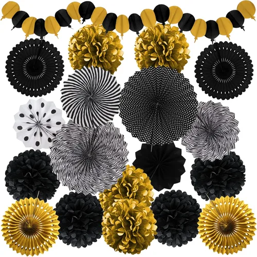 Decoraciones negras y doradas, abanicos de pompones de papel para graduación, cumpleaños, boda, graduación, noche, Año Nuevo, decoraciones de fiesta