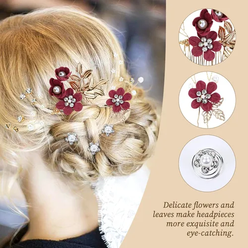 Miniatura 2 de Cinaci - 18 piezas de peines laterales para el pelo con diamantes de imitación y perlas en color burdeos para novias, para fiestas de boda, clips