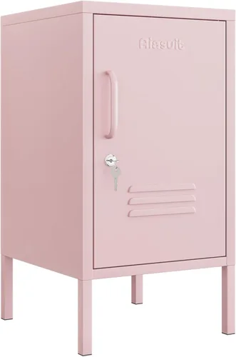 Mesa auxiliar de una sola puerta, armario de almacenamiento de metal con cerradura, mesita de noche para niños de 2 niveles con estante ajustable,