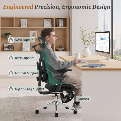 Miniatura 13 de Cozyman Silla de oficina ergonómica con reposapiés, soporte lumbar ajustable de 5 niveles y reclinación de 90-135°, reposacabezas 3D y reposabrazos
