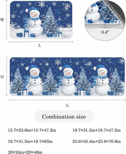 Miniatura 3 de Prime Leader Juego de 2 tapetes de cocina con diseño de muñeco de nieve de Navidad, copos de nieve, azul marino, antideslizantes, tapetes lavables