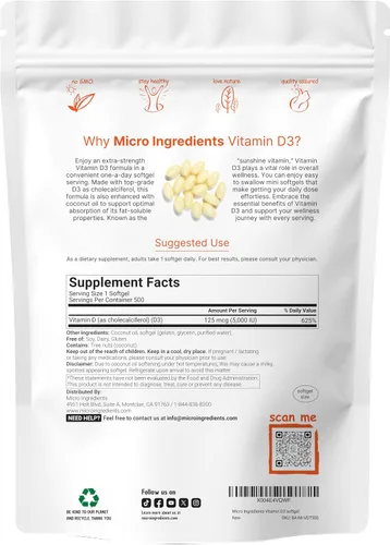Miniatura 2 de Micro Ingredients Vitamina D3 5,000 UI, 500 cápsulas blandas Aceite de coco virgen Forma de colecalciferol Apoyo óseo, inmunológico y cardíaco