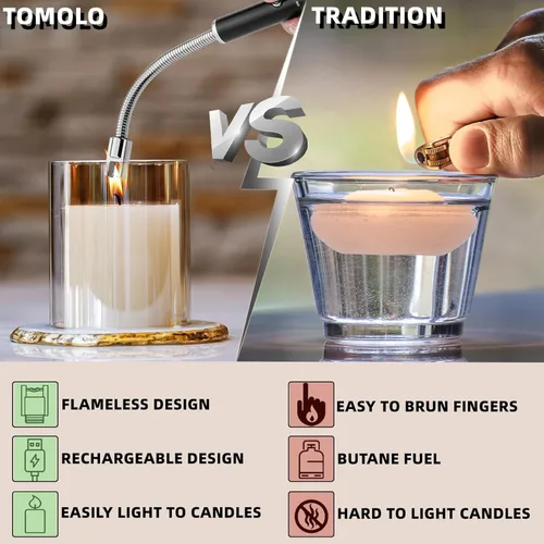 Miniatura 3 de TOMOLO Encendedor eléctrico, 2 unidades, encendedor de velas largo y flexible con interruptor de seguridad, encendedor de plasma sin llama Negro