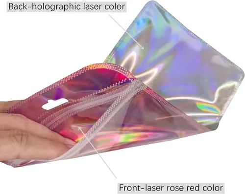 Miniatura 3 de 100 bolsas de embalaje holográficas resellables para pequeñas empresas, embalaje transparente con cierre de cremallera para recuerdos de fiesta