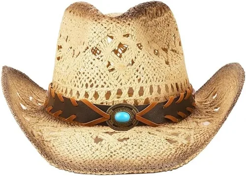 Miniatura 3 de Sombrero de vaquero de paja occidental para hombre y mujer, sombrero de vaquera con dos bandas decorativas, sombrero de sol tejido de ala moldeable