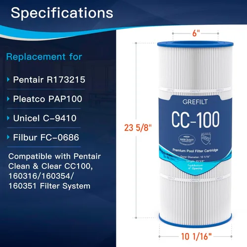 Miniatura 2 de Cartucho de filtro de piscina CC100, compatible con Pentair CC100, CCRP100, reemplaza a Pleatco PAP100, Unicel C-9410, Filbur FC-0686, Pentair
