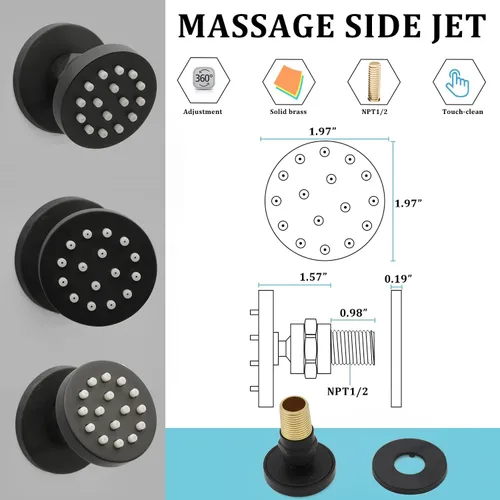 Miniatura 5 de HOMEDEC Cabezal de ducha redondo de latón de 2 pulgadas, para masaje, spa, soporte de pared, 4 piezas, negro mate