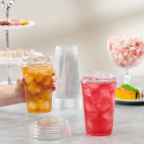 Miniatura 6 de GUSTO Vasos de plástico transparente con tapas [20 oz - 100 unidades] - Vasos desechables para bebidas de café helado con tapas para sorber sin 20