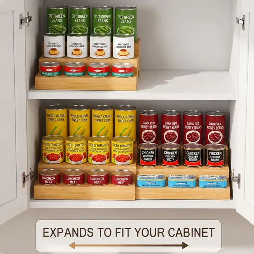 Miniatura 3 de Organizador de latas de madera expandible de 3 niveles para despensa, estante ajustable con capacidad para 24 latas, estante de almacenamiento