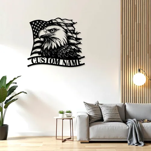 Miniatura 4 de Letrero de metal personalizado de águila y bandera estadounidense, arte de pared patriótico con nombre personalizado, decoración de hierro
